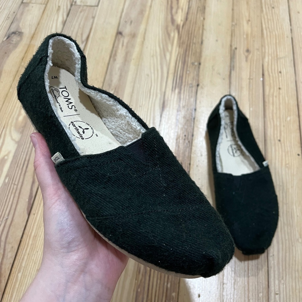 TOMS Alpargata Slip On Shoes Womens 7 Green Felt Faux Shearling CloudBound Sole
